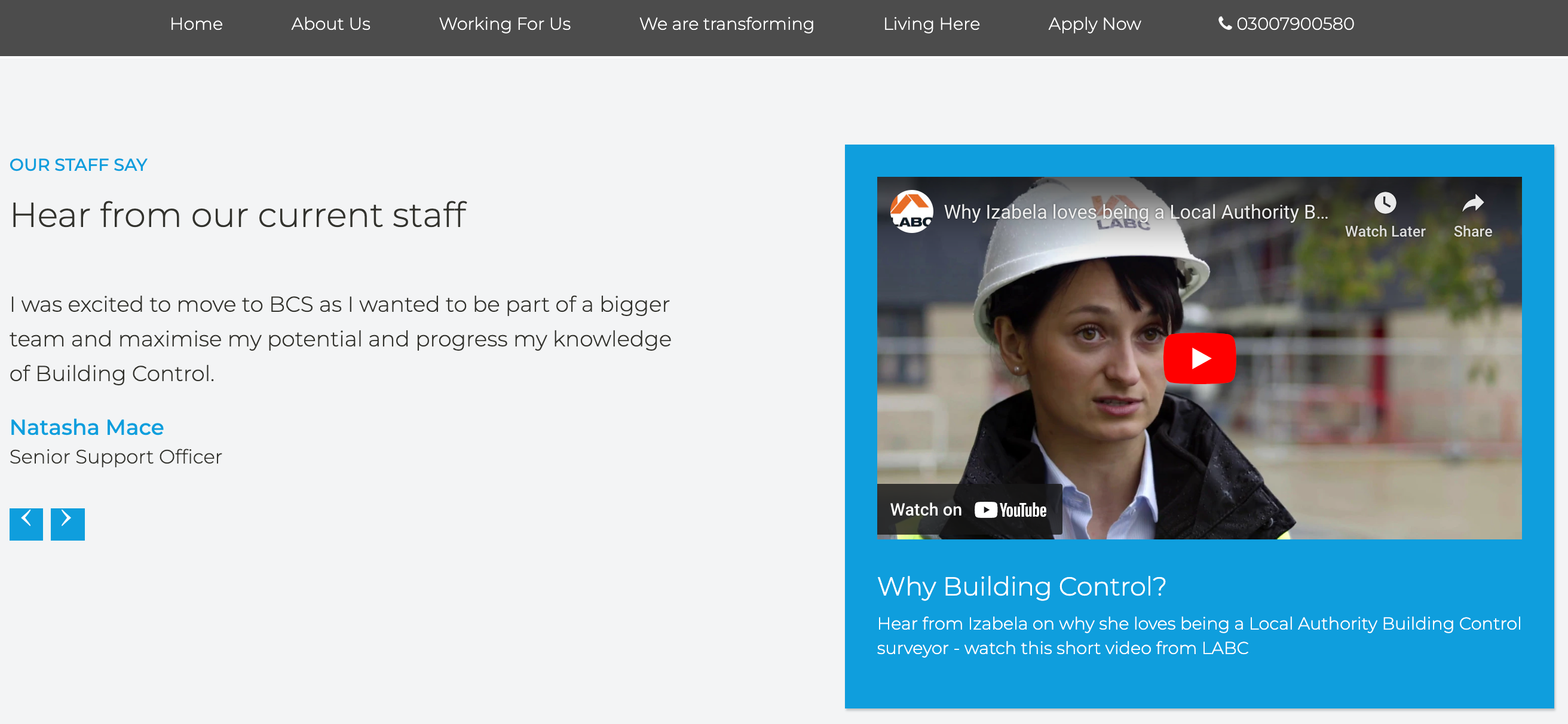 Building Control Solutions employee testimonial page with Youtube video thumbnail. Video features a surveyor in the thumbnail and is title: Why Izabela lobes being a Local Authority Building Surveyor