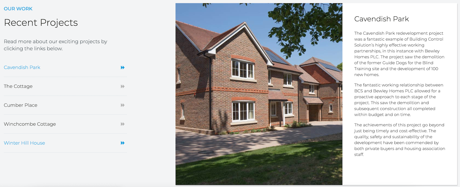 Building Control Solutions recent projects page. Shows a drop down to various estates with an image of one of the houses and an introduction to a site called Cavendish Park.