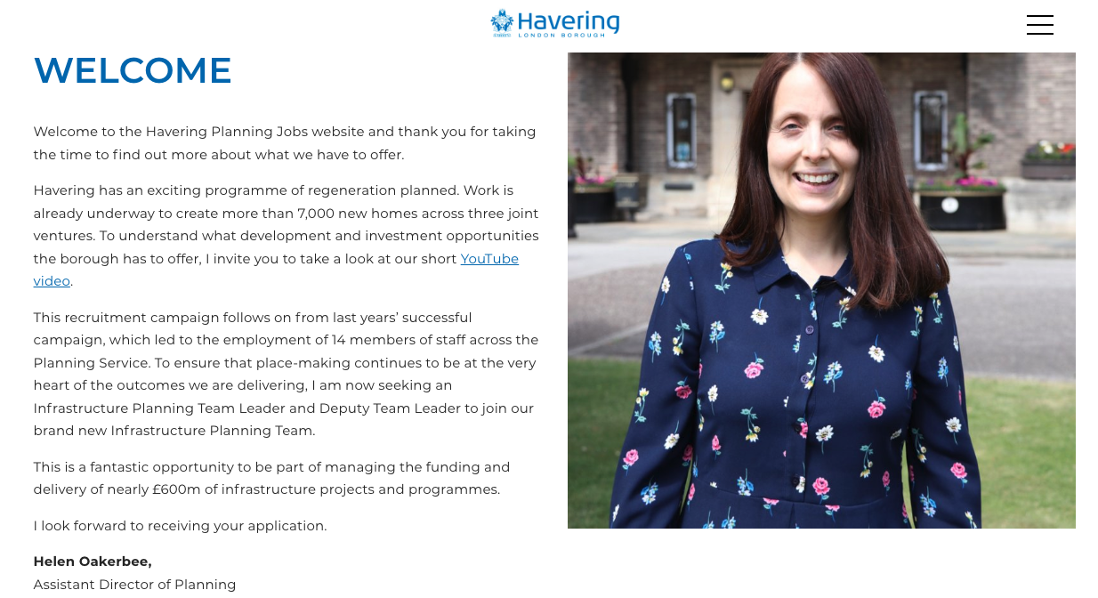 London Borough of Havering careers site welcome. Features an image of the Assistant Director of Planning and a welcome statement to their careers site.