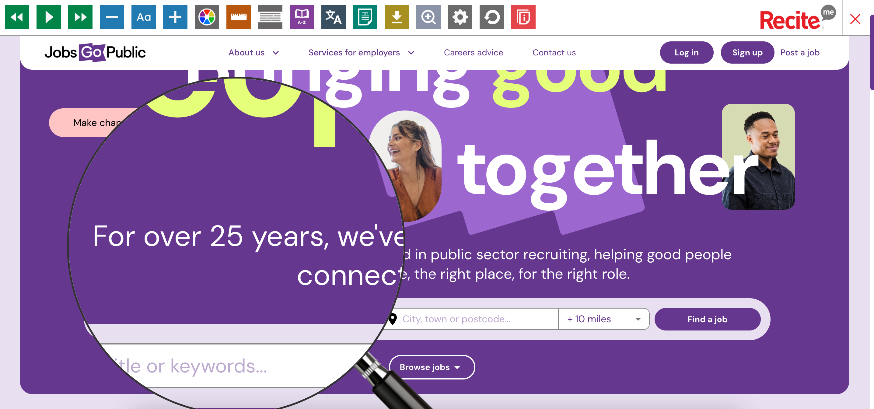 Screenshot showing the magnifying glass tool interactivity with the job board home page