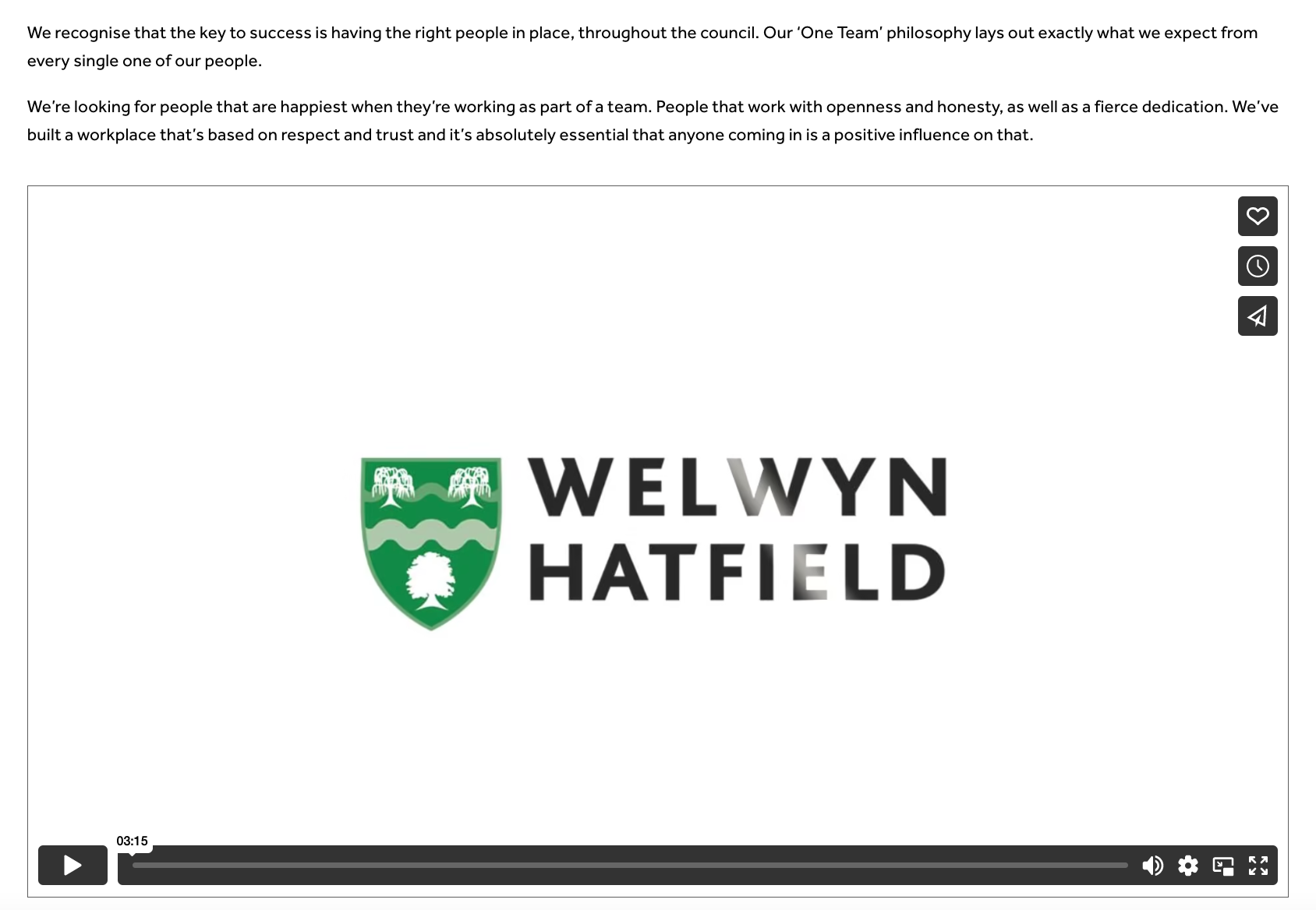 Preview of a video player on Welwyn Hatfield's website