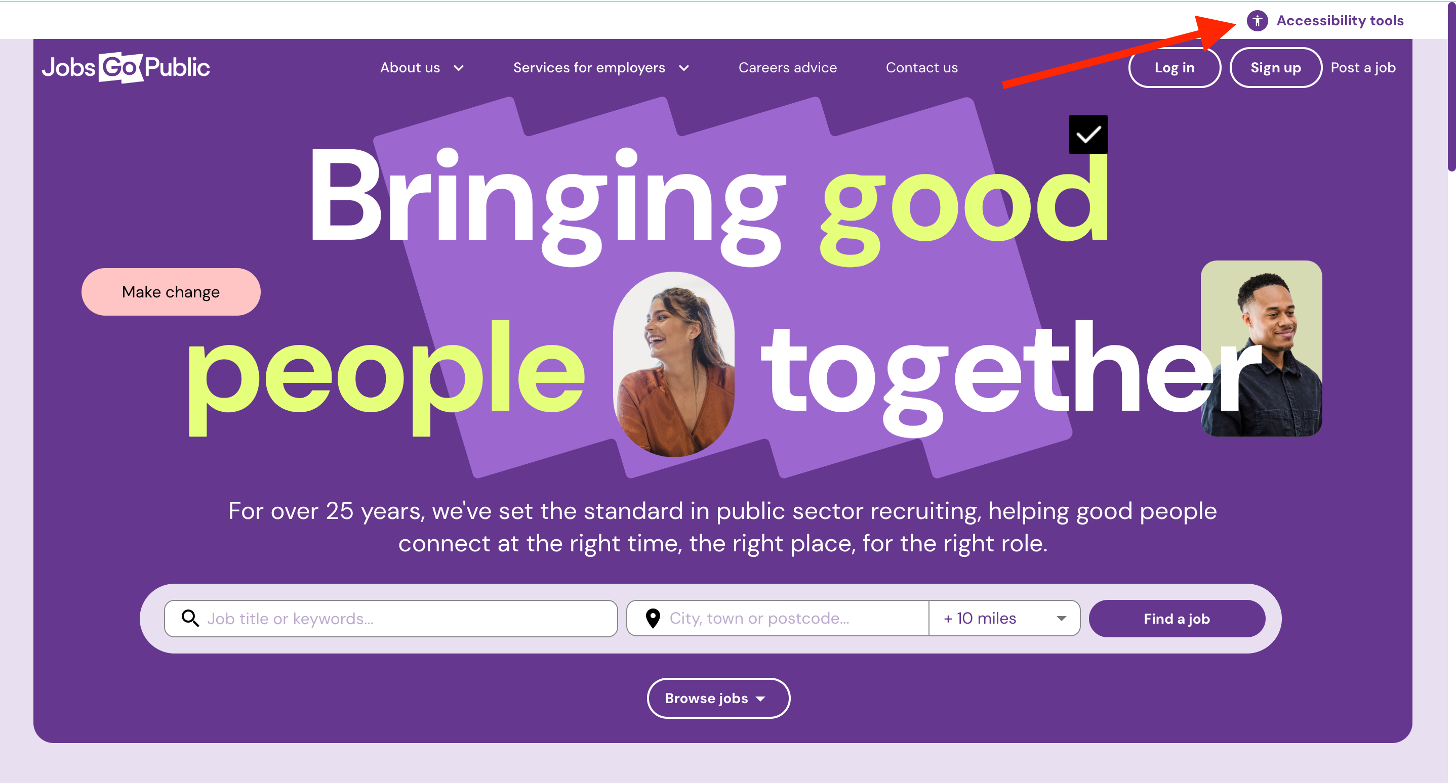 Home page of Jobs Go Public with red arrow pointing the the menu "accessibility tools"