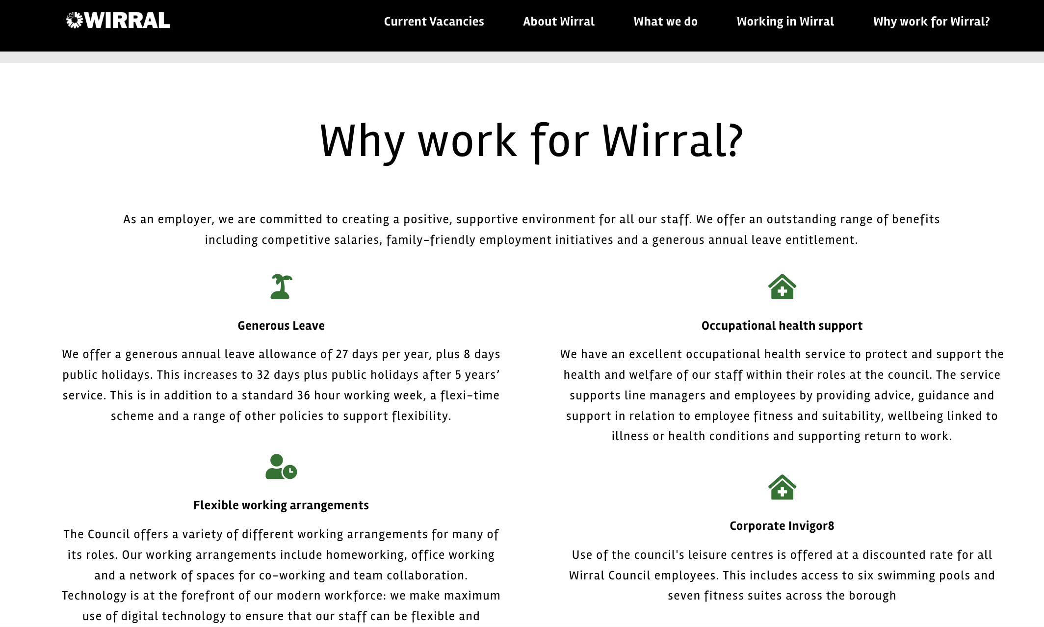 Wirral Council Jobs benefits page. Features 4 icons with Generous Leave, Occupational health support, Flexible working arrangements, Corporate invigor8. Page title: Why work for Wirral?